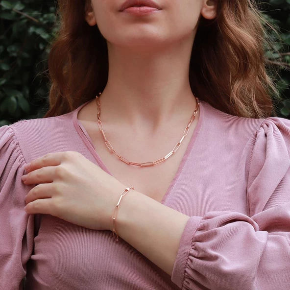 Rose Gold Kaplama Trend Geçme Zincir Gümüş Set