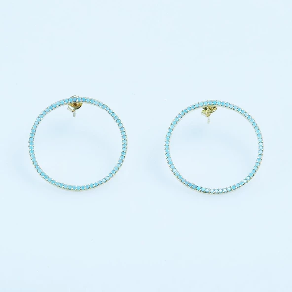 Hula Hoop Turkuaz Taşlı Gold Kaplama Gümüş Küpe - Resim 2