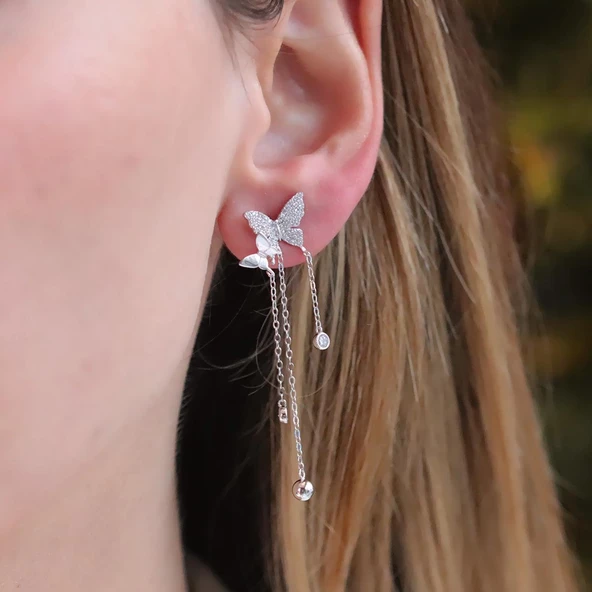 Kelebek Taşlı Sallantı Gümüş Küpe - Resim 4