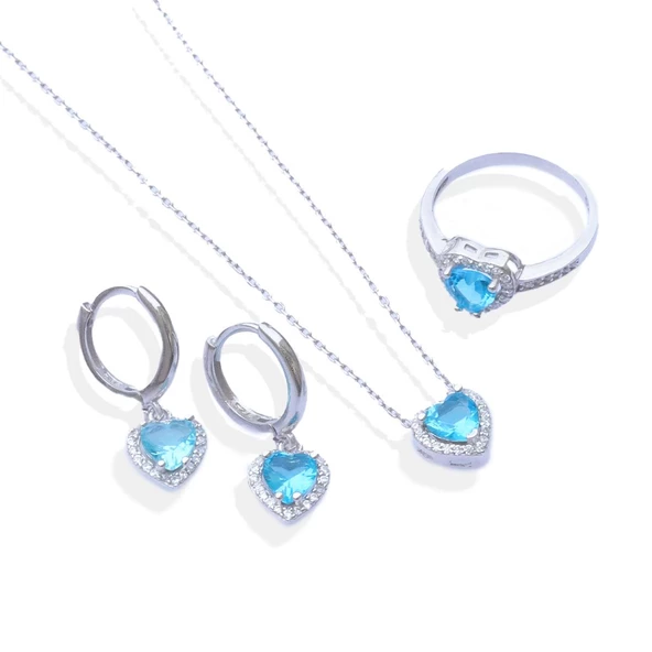 Kalp Pndr Model Aquamarine Taşlı Gümüş Set - Resim 5