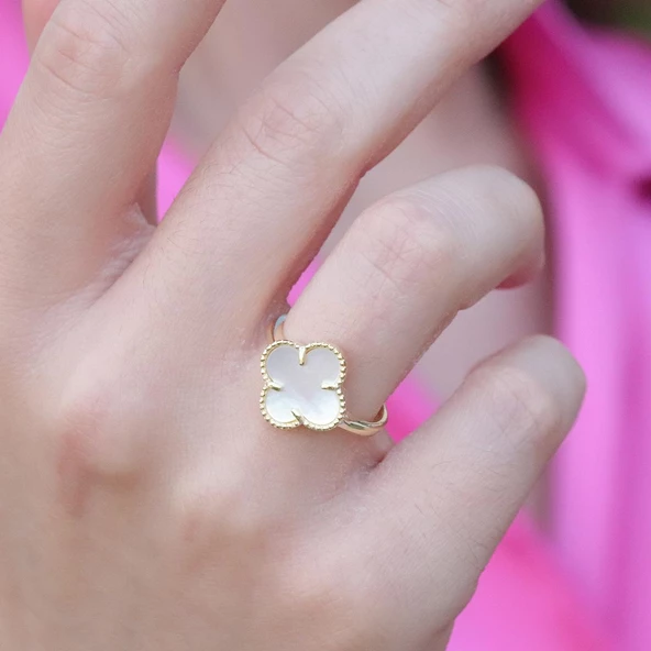 İkonik Alhambra Sedef Taşlı Gold Kaplama Gümüş Yüzük - Resim 2