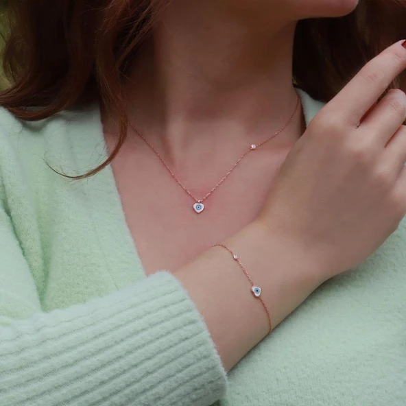 Kalp Figürlü Zirkon Taşlı Mine İşli Rose Gold Kaplama Gümüş Set