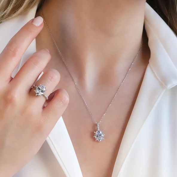 Zirkon Taşlı Elips Lotus Çiçeği Gümüş Set - Resim 4