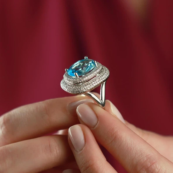Zirkon Taş Çerçeveli Aquamarin Taşlı  Gümüş Yüzük - Resim 2
