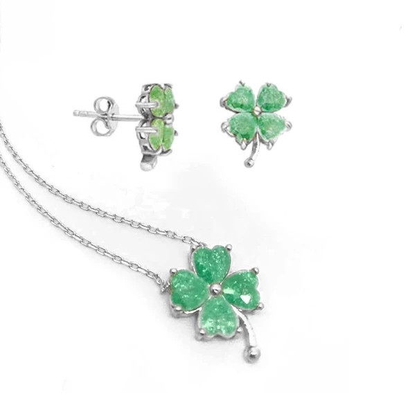 Yeşil Zirkon Taşlı Yonca Gümüş Set ürün görseli