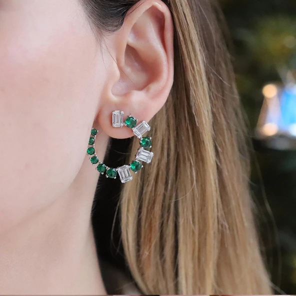 Baget Yeşil Zirkon Taşlı Hola Gümüş Küpe - Resim 2