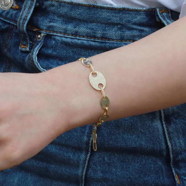 Düğme Modeli Zirkon Taşlı Gold Kaplama Gümüş Set - Resim 2