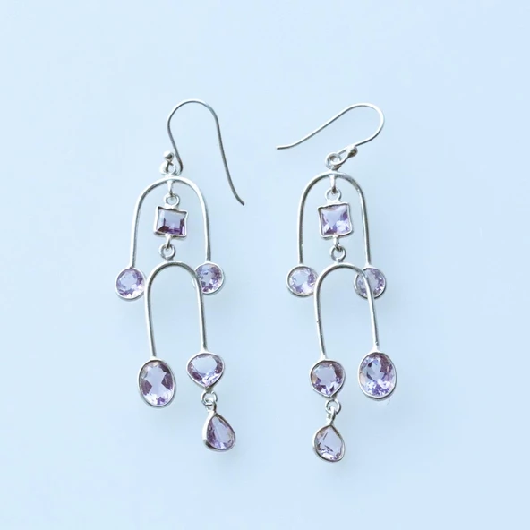 Ametist Taşlı Tasarım Otantik Gümüş Küpe - Resim 2