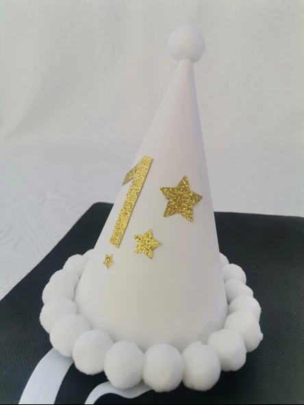 Beyaz Gold 1 Yaş Yazılı Simli Yaldızlı Beyaz Ponponlu Lastikli Özel Doğumgünü Partisi Şapka 1 Adet - 2