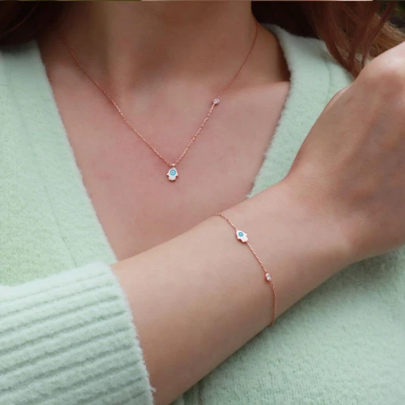 Fatma Ana El Figürlü Zirkon Taşlı Mine İşli Rose Gold Kaplama Gümüş Set
