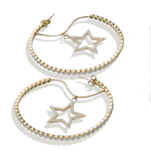 Star Halka Zirkon Taşlı Gold Kaplama Gümüş Küpe - Resim 3