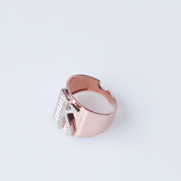 K Harfi Baget Taşlı Rose Gold Kaplama Gümüş Yüzük - Resim 2
