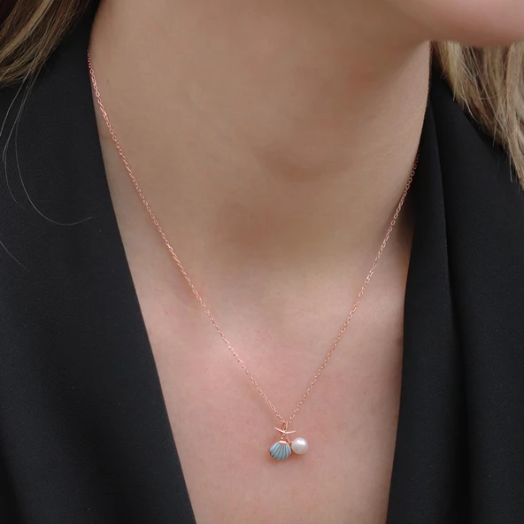 Deniz Yıldızı İnci ve Tek Taş Detaylı Rose Gold Kaplama Gümüş Set - Resim 4