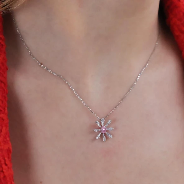 Çiçek Modeli Pembe Taş Detaylı Gümüş Set - Resim 4