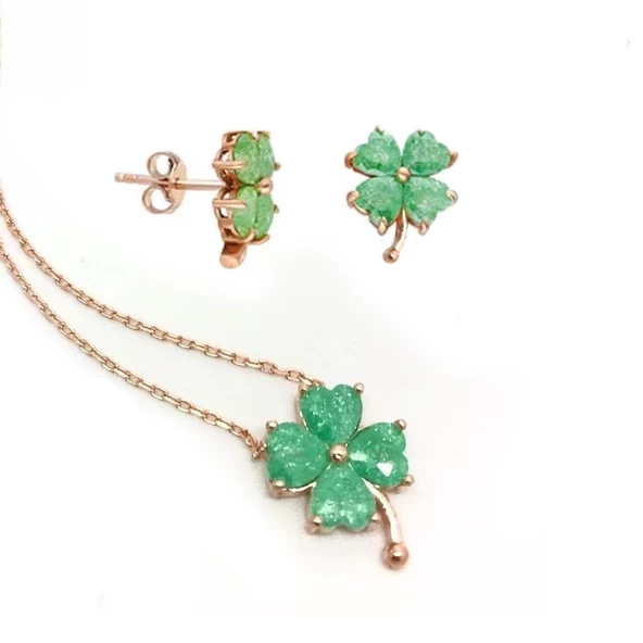 Yeşil Zirkon Taşlı Rose Gold Kaplama Yonca Gümüş Set ürün görseli