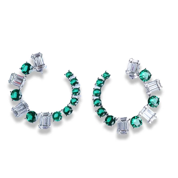 Baget Yeşil Zirkon Taşlı Hola Gümüş Küpe - Resim 3