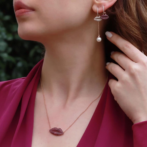 Zirkon Taşlı Dudak Figürlü Rose Gold Kaplama Asansör Zincirli Gümüş Set