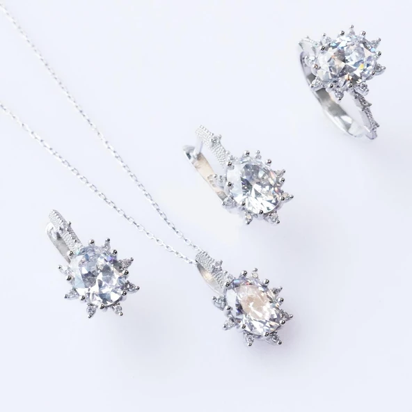 Zirkon Taşlı Elips Lotus Çiçeği Gümüş Set - Resim 2