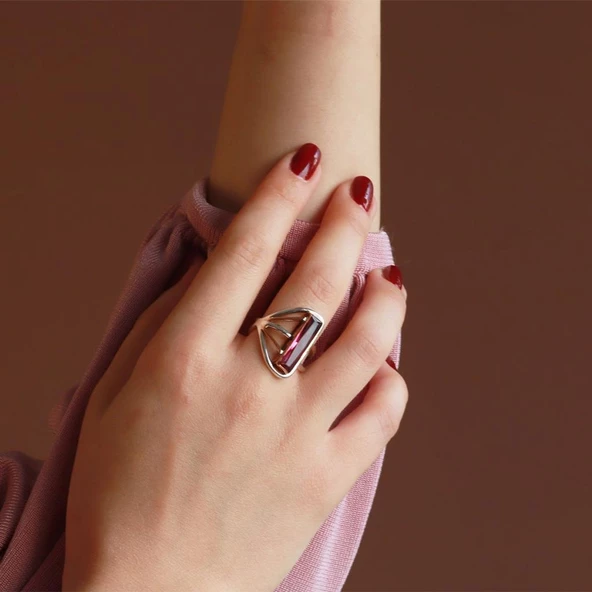 Lal Taşlı El İşli Otantik 925 Ayar Gümüş Yüzük - Resim 2