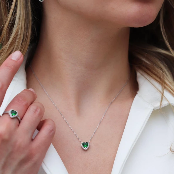 Kalp Pndr Model Yeşil Zirkon Taşlı Gümüş Set - Resim 2