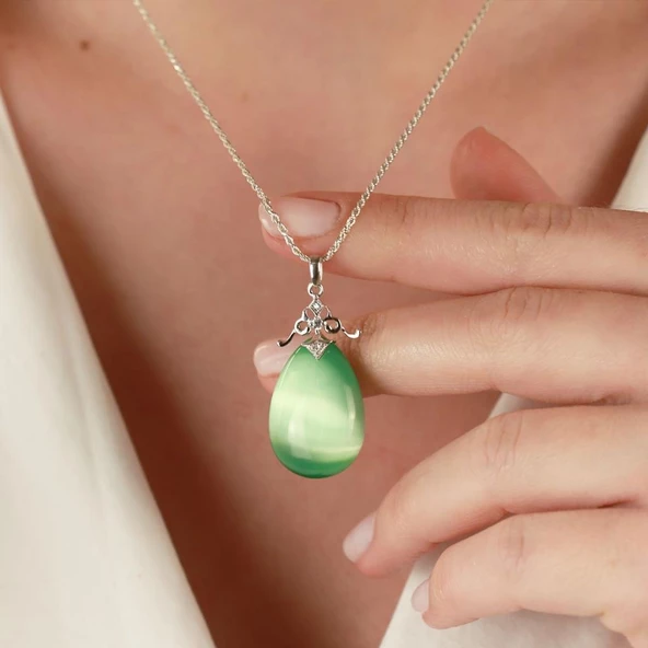 Kedi Gözü Taşlı Damla Model Gümüş Set - Resim 3