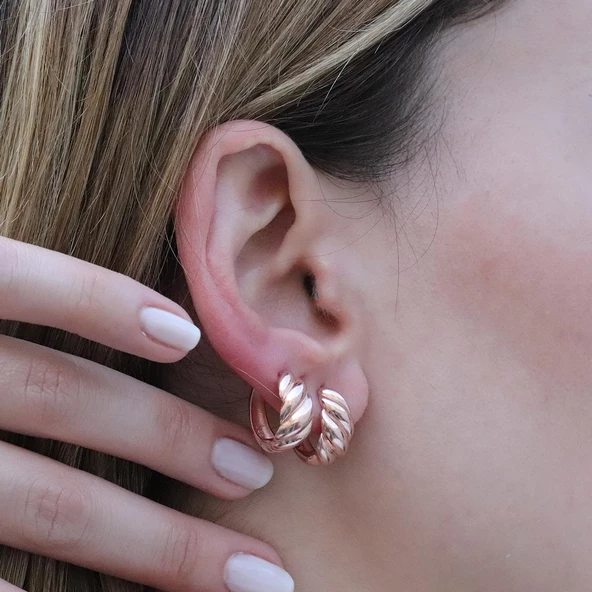 Burgu Rose Gold Kaplama Halka Gümüş Küpe - Resim 4