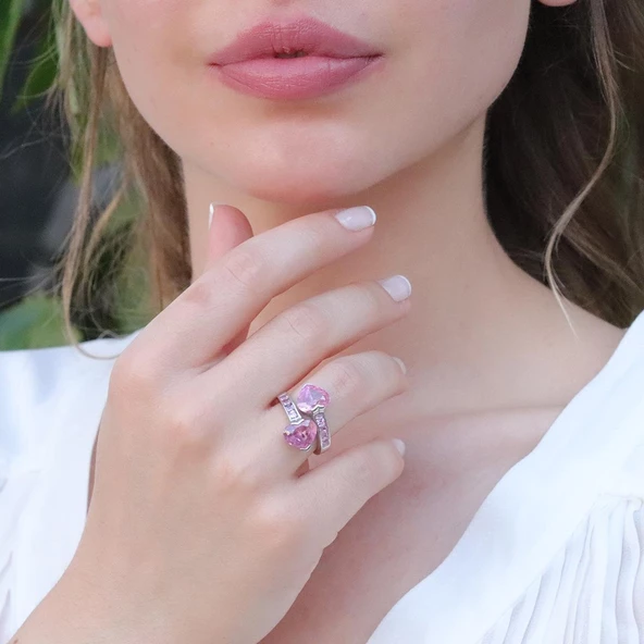 Pembe Zirkon Taşlı Sevgili Kalp Gümüş Yüzük - Resim 2