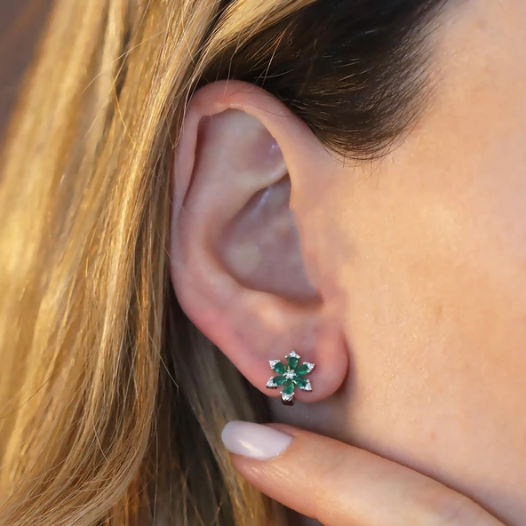 Yeşil Taşlı Mini Lotus Çiçeği Gümüş Küpe - Resim 3