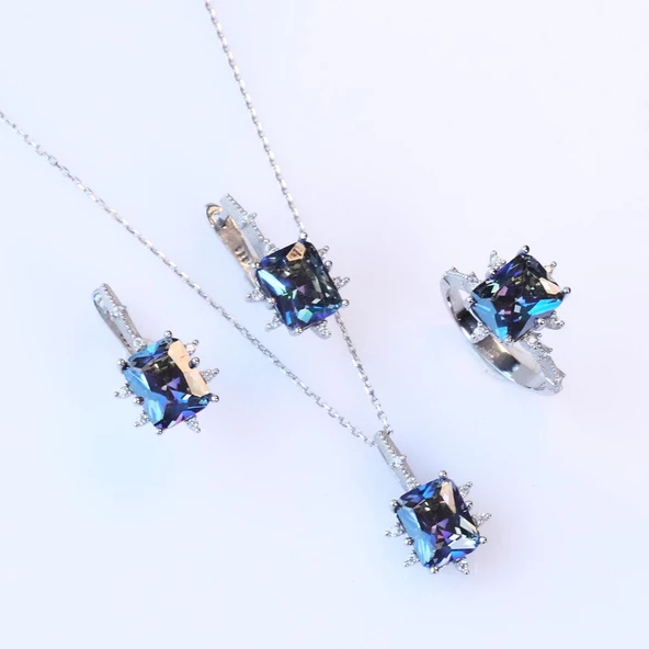 Tanzanit Taşlı Kare Lotus Çiçeği Gümüş Set - Resim 2