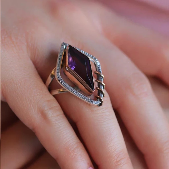 Ametist Taşlı Gümüş Otantik Tasarım Yüzük - Resim 3