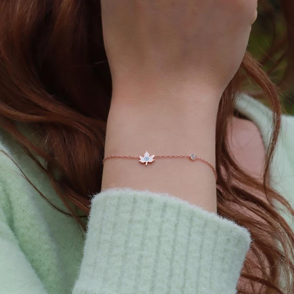 Yaprak Figürlü Zirkon Taşlı Mine İşli Rose Gold Kaplama Takım - Resim 2