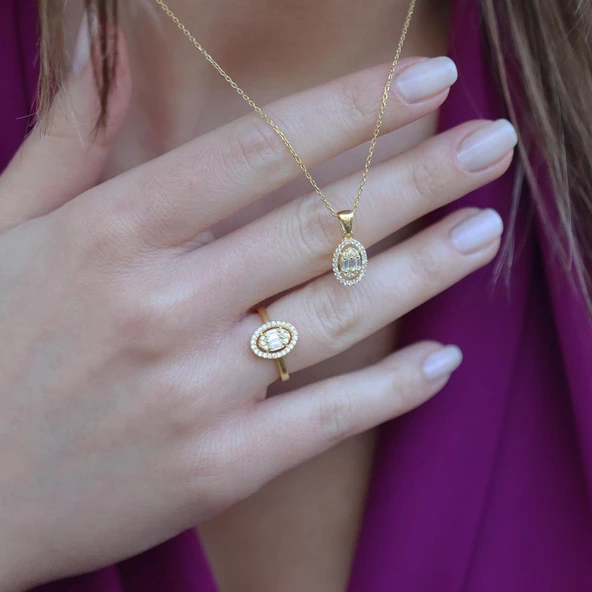 Baget Kesim Oval Montürlü Zirkon Taşlı Gold KaplamaGümüş Set - Resim 3