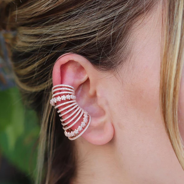 Ear Cuff Zirkon Taşlı Rose Gold Kaplama Çiçek Gümüş Küpe ürün görseli 1
