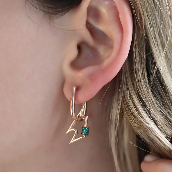 Yeşil Zirkon Taşlı Rose Gold Kaplama Şimşek Gümüş Küpe - Resim 3