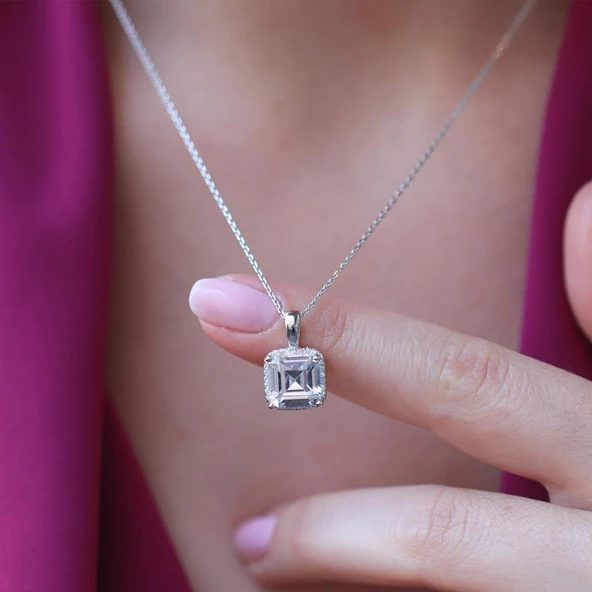 Zirkon Taş Çerçeveli Cushion Kesim Gümüş Set - Resim 5