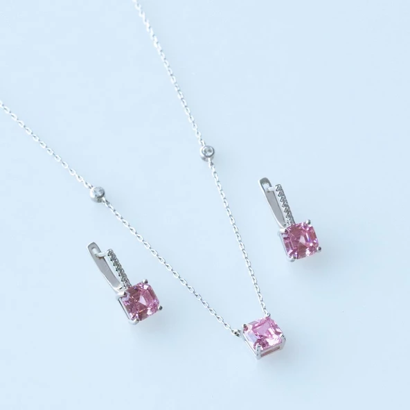 Pembe Zirkon Taşlı Prenses Kesim Gümüş Set - Resim 4