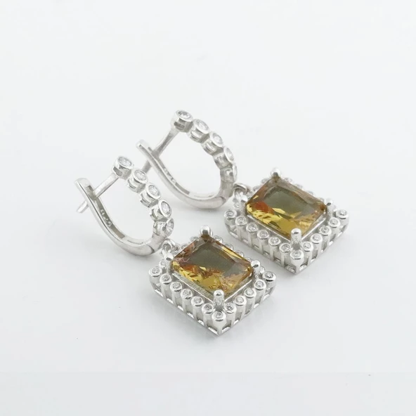 Zultanit Taşlı Radiant Kesim Zirkon Taş Çerçeveli Gümüş Küpe - Resim 2