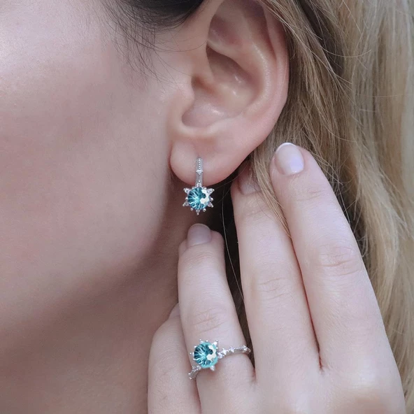 Lotus Çiçeği Aquamarin Taşlı Gümüş Set - Resim 2