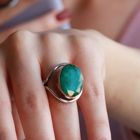 Kök Zümrüt Taşlı El İşi Otantik 925 Ayar Gümüş Yüzük - Resim 2