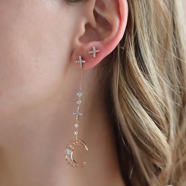 Apm Modeli Rose Gold Kaplama Moon Gümüş Küpe - Resim 2