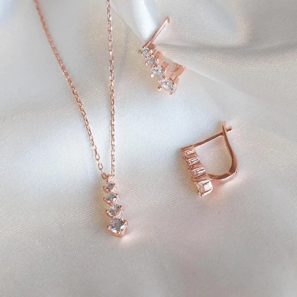 4 Taşlı Rose Gold Kaplama Gümüş Set ürün görseli 1