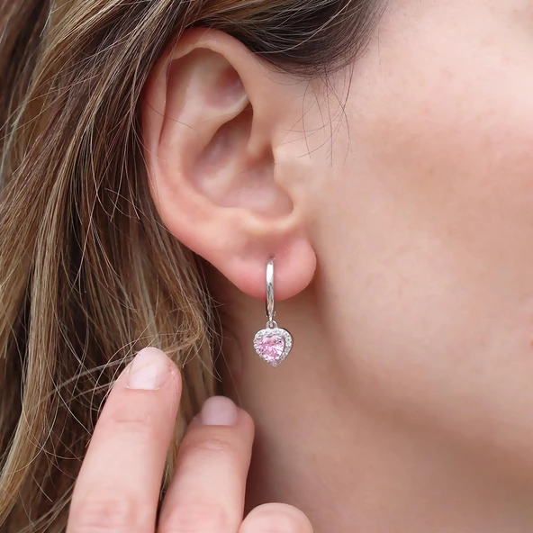 Kalp Pndr Model Pembe Zirkon Taşlı Gümüş Set - Resim 2