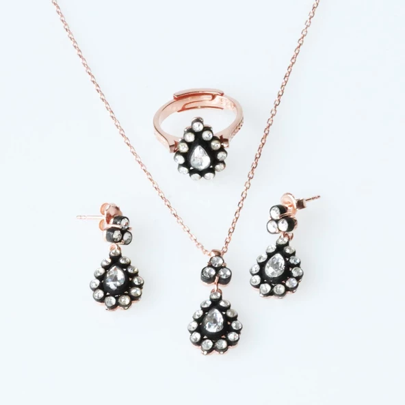 Elmas Montür Zirkon Taşlı Damla Model Rose Gold Kaplama Gümüş Set - Resim 5