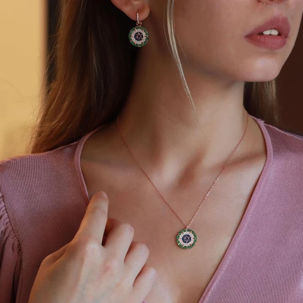 Renkli Zirkon Taşlı Yıldız Rose Gold Kaplama Gümüş Set ürün görseli 1