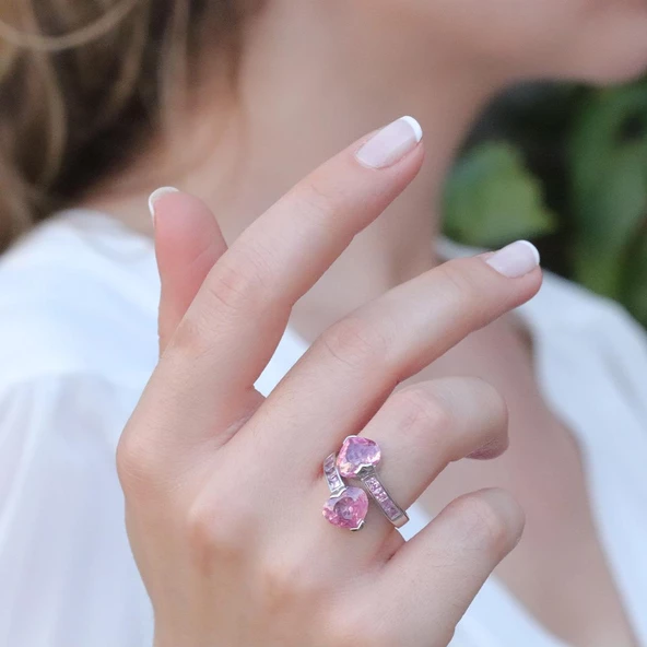 Pembe Zirkon Taşlı Sevgili Kalp Gümüş Yüzük ürün görseli 1