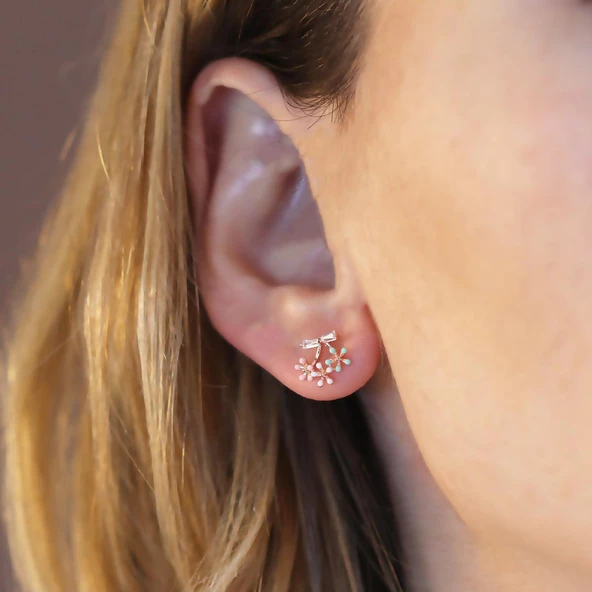 Mini Renkli Çiçek Fiyonk Modeli Rose Gold Kaplama Gümüş Küpe - Resim 3