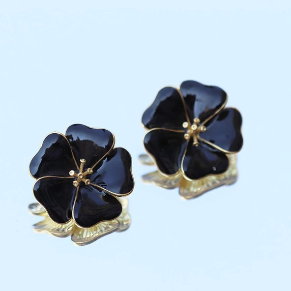 Siyah Mine İşli Gold Kaplama Çiçek Gümüş Küpe - Resim 2