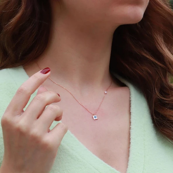 Kare Figürlü Zirkon Taşlı Mine İşli Rose Gold Kaplama Gümüş Takım - 3