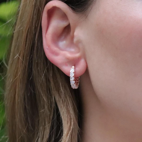 Zirkon Taşlı Rose Gold Kaplama Halka Gümüş Küpe - Resim 3