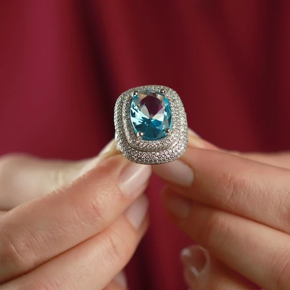 Zirkon Taş Çerçeveli Aquamarin Taşlı  Gümüş Yüzük ürün görseli 1